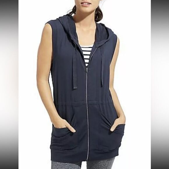 Athleta Lotus Vest Hoodie Navy Blue Long Full Zip Sleeveless size XXS - Picture 1 of 13